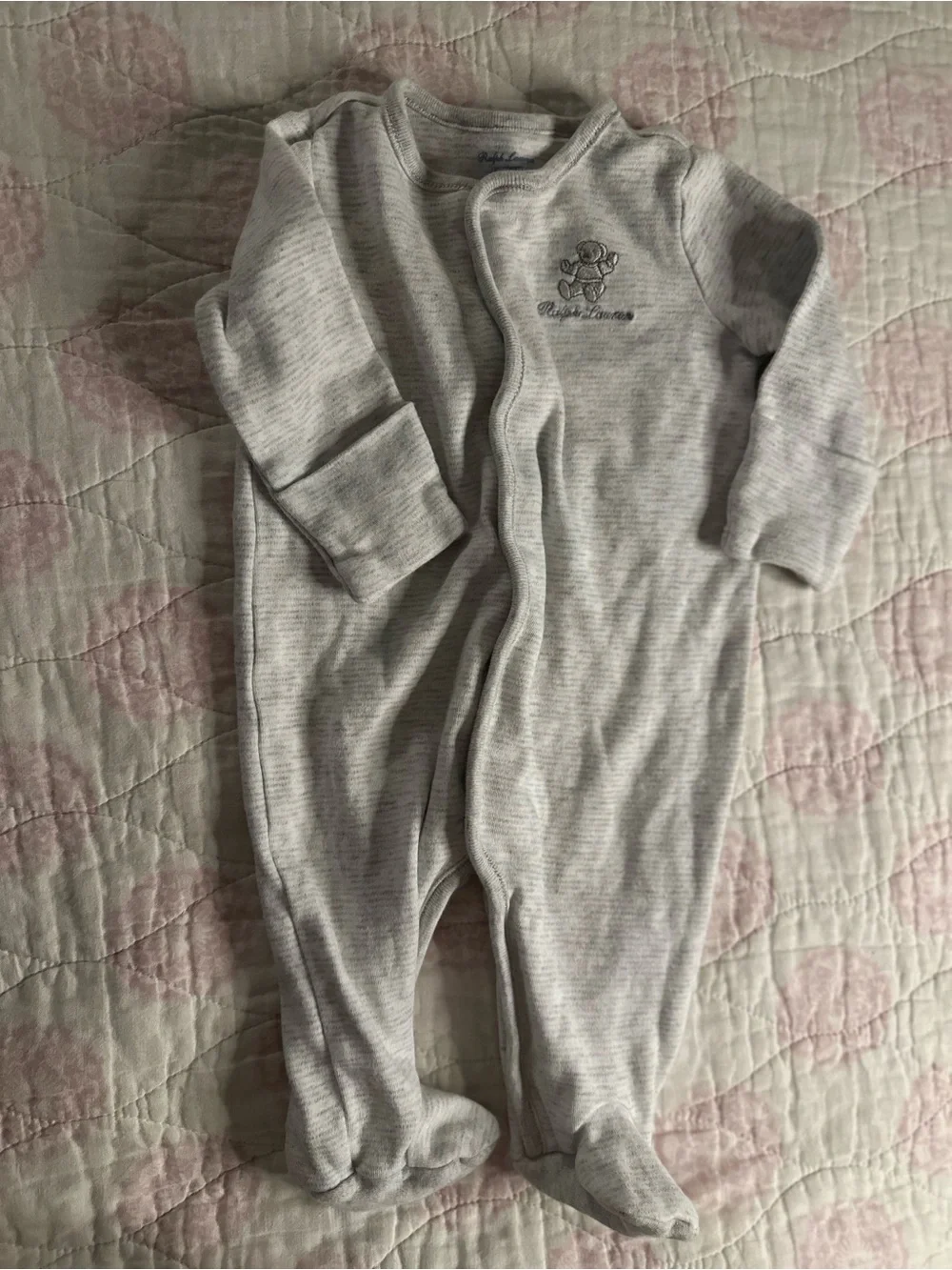 Ralph Lauren | Light Gray Striped Footed One-Piece w/ Hand Covers | 100% Cotton